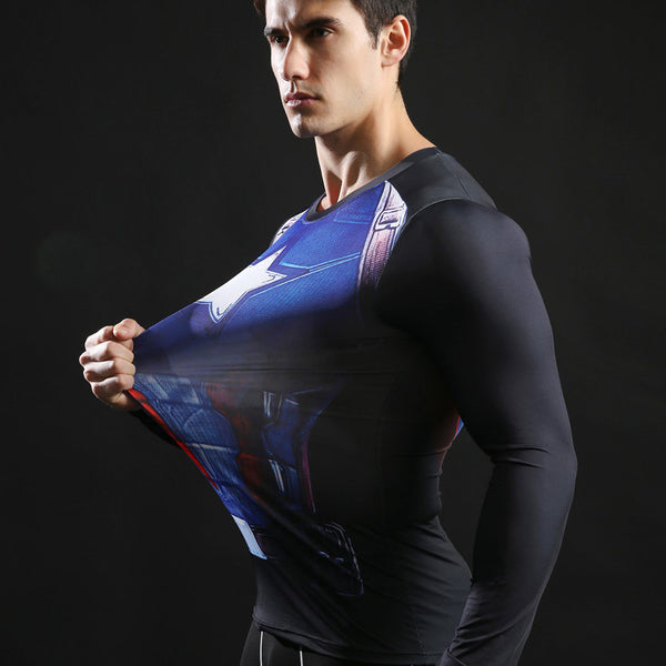 T-shirt compression Homme Captain America, 3D Tops Rashguard Musculation,  bleu-multicouleur, manches longues. Taille Adulte M