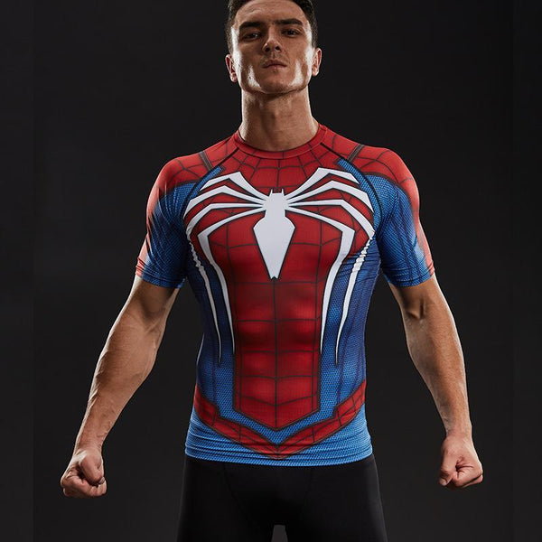 High quality red blue spiderman compression fitness t-shirt Size M